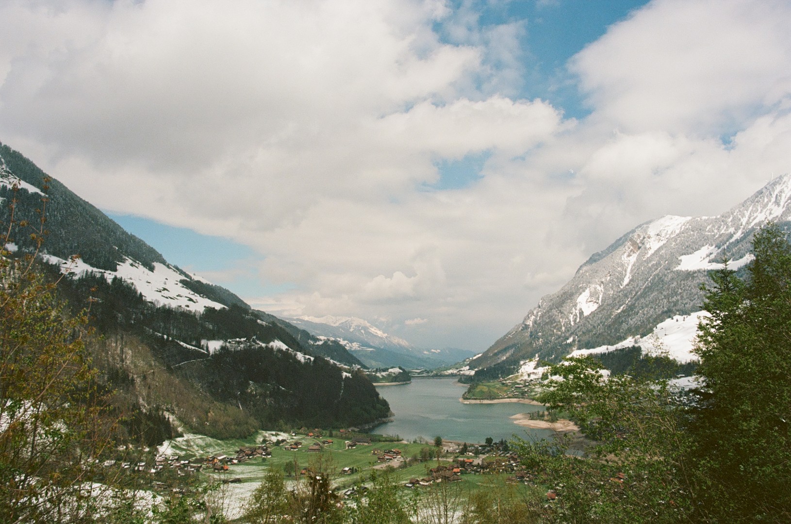 One of the spectacular Swiss alpine lakes, taken from the mountain pass. 