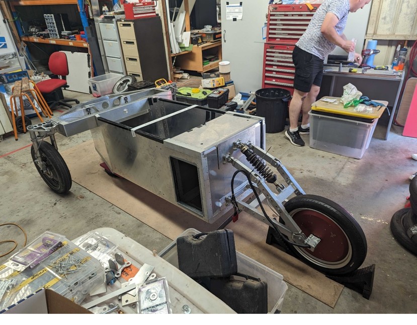 The bare chassis/frame of our solar car build.