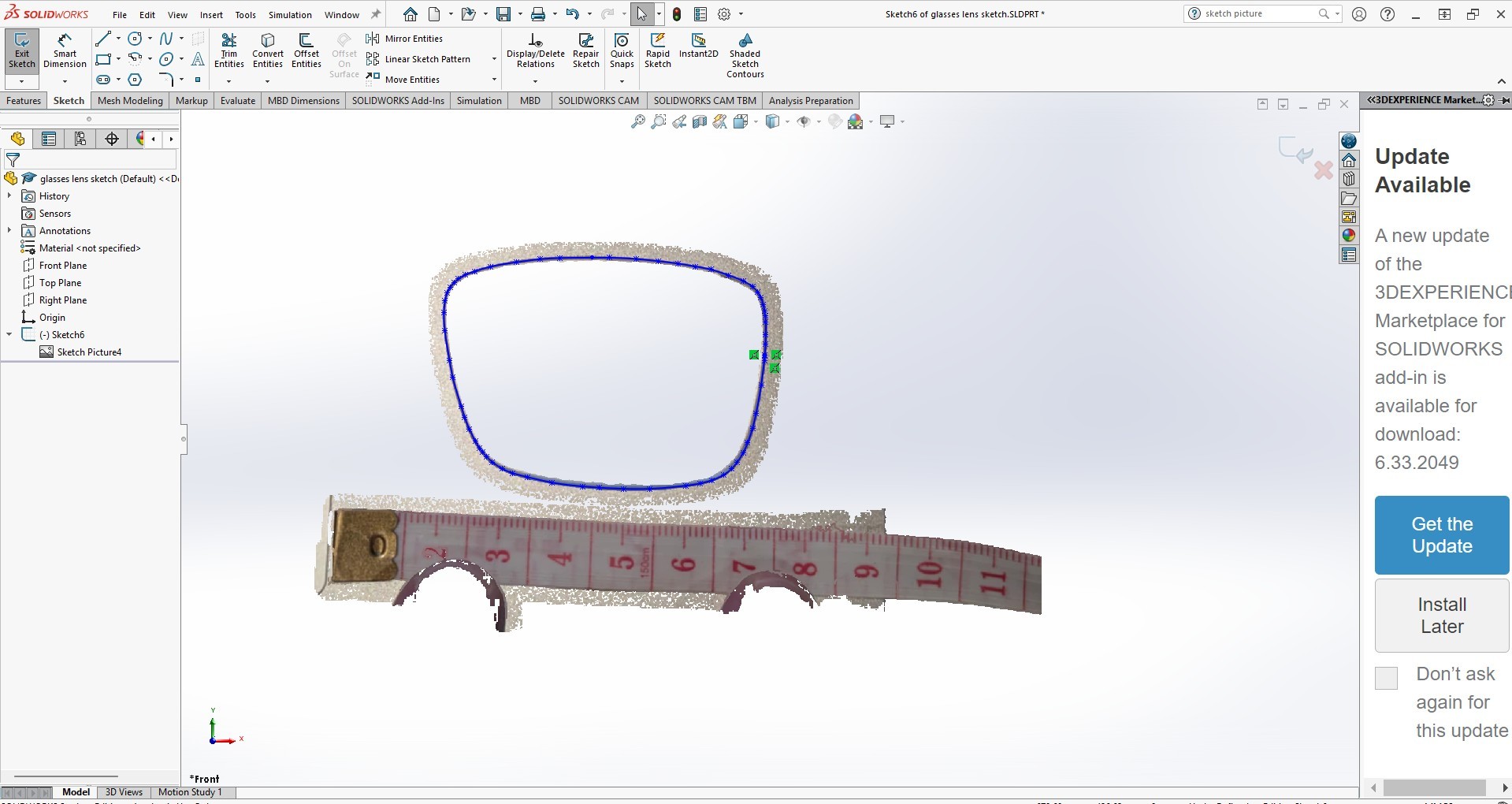 Sketching the profile in SolidWorks. 