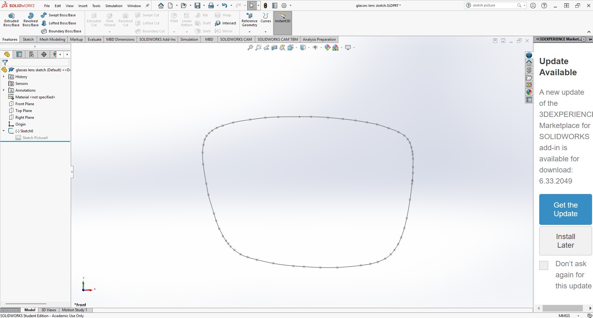 Lens profile sketched using SolidWorks spline tool. 